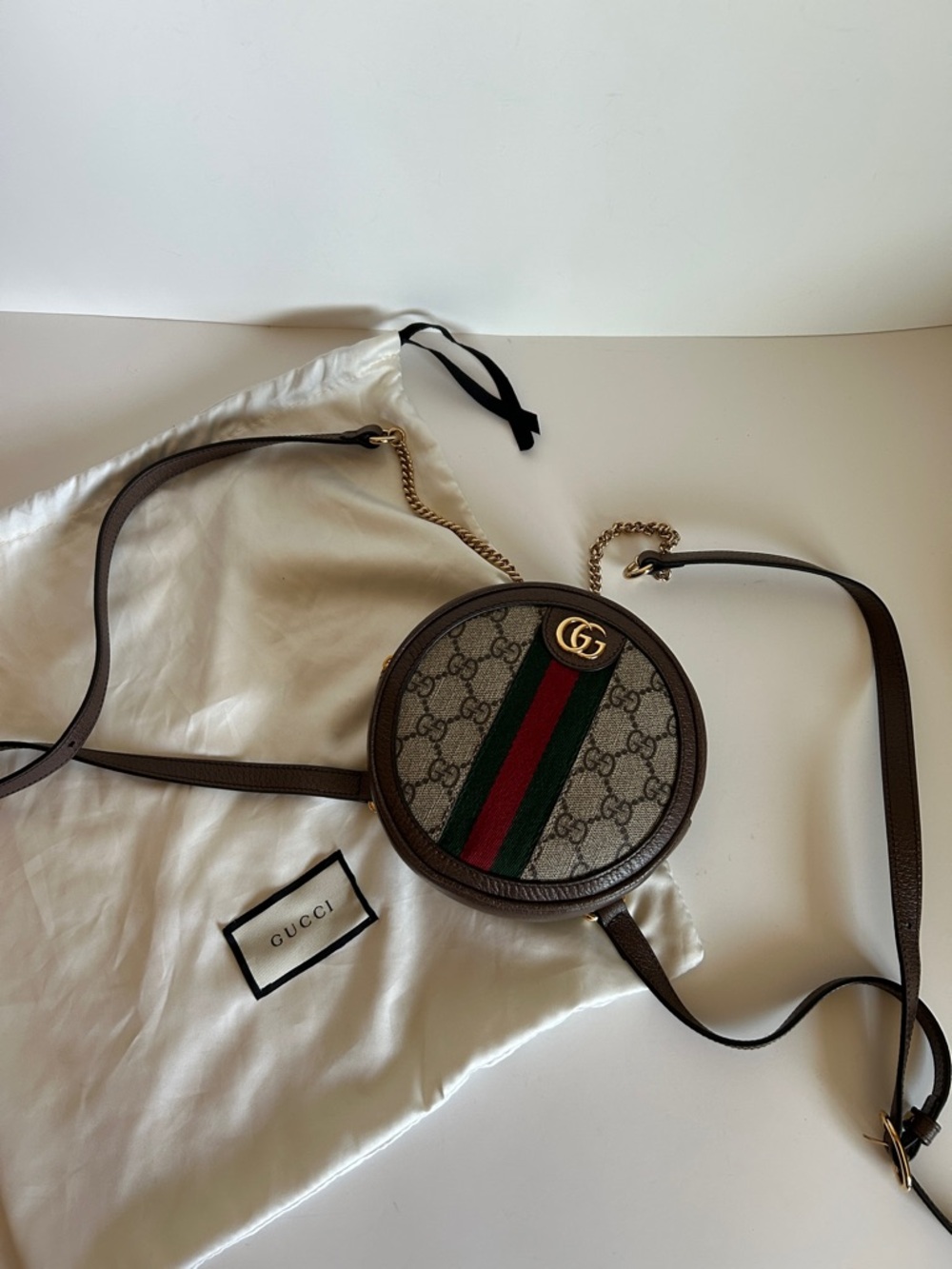 Gucci Brown GG Web Round Crossbody with Green & Red Stripe